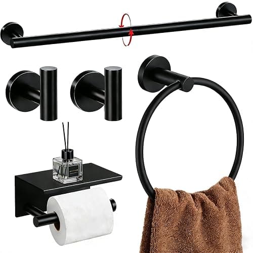 5-Piece Matte Black Bathroom Accessories Set, 24-Inch Wall-Mounted Towel Bar, Toilet Paper Holder with Shelf, SUS 304 Stainless Steel Bath Hardware, Towel Rack for Bathroom, Kitchen, Laundry Room - Image 1