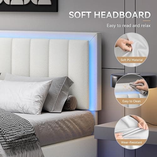 IMMERSTABLE Full Size Floating Bed Frame with LED Lights, Upholstered Platform Bed with Headboard, 11 in Storage Clearance, Solid Wood Slats, No Box Spring Needed, Easy Assembly, White thumbnail 5