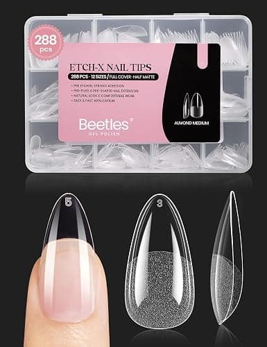 Beetles Gel Nail Tips Medium Almond Etch X, 12 Sizes 288 PCS Half Matte Full Cover Press on False Nail Tips Clear Acrylic Nails Extension Glue on Nails DIY Gift for Women - Image 1