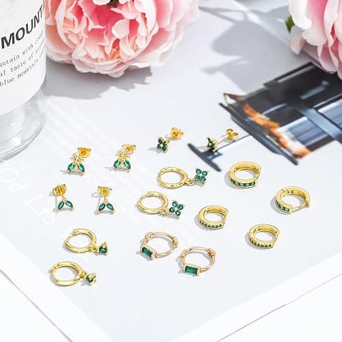 NEWITIN 15 Pairs Small Gold Stud Errings for Women Hypoallergenic Earring 14K Gold Plated Stainless Steel Inlaid Green Cubic Zirconia Earring Cartilage Stud Hoop Earrings Set thumbnail 4