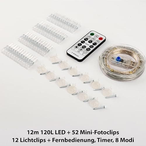 120 LEDs Fotoclips Lichterkette, Warmweiß 40ft Lichterkettes mit 52 Klammern und 12 Haken an der Wand, Timer 8 Modi USB Batteriebetrieben Foto Lichterkette für Bilder,Zimmer, Weihnachten, Hochzeiten - Warmweiß thumbnail 5