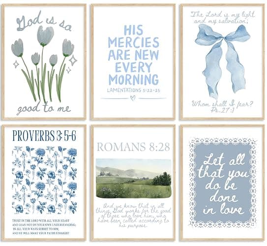 Set of 6 Trendy Blue Christian Canvas Wall Art Bible Verses Preppy Posters Coquette Blue Bow Biblical Painting Pictures Religious Scripture Prints for Girls Room Dorm Apartment Home Decor Unframed - Image 1
