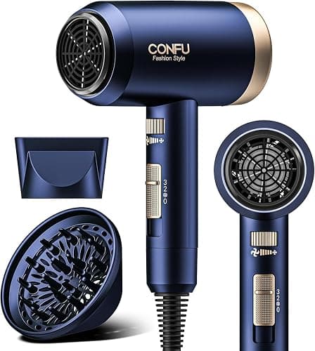 Hair Dryer, CONFU Hair Dryer with Diffuser, Hairdryer with Diffuser, Lightweight Quiet Blow Dryer, Portable Lightweight Fast Drying Negative Ion Hairdryer for Home - Image 1