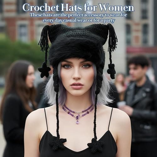 Y2k Cat Ear Beanie, Cute Hat with Harajuku Fashion, Grunge Cat Crochet Hats for Women Y2k Accessories, Christmas, Winter Black,Green thumbnail 5