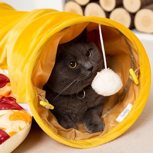 LUCKITTY Cat Tunnel Bed - Peek-a-Boo Pizza Shape Design for Cozy and Playful Animals - 9.8 -Inch Diameter Yellow thumbnail 6