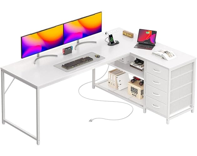 PRAISUN 61" L Shaped Desk with Power Outlets and USB-C Port, Reversible Computer Corner Office Desk with 4 Fabric Drawers and 2 Height-Adjustable Shelves, Large for Gaming Writing Work Study, White - Image 1