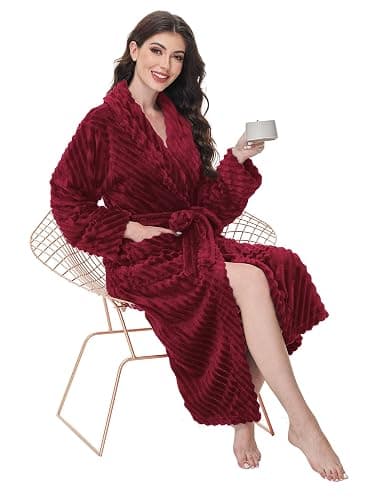 Yurhap Premium Robes for Women - Super Soft Cozy Fleece Womens Robe Plush Long Bathrobe - Wine Red - Small-Medium thumbnail 5