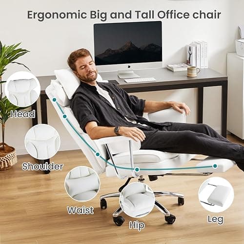 OLIXIS Home Office Desk Chair Comfy with Foot Rest, PU Leather Ergonomic Big and Tall High Back Support, 360° Swivel Wheels, Armrests and Detachable Pillow, Height Adjustable, White thumbnail 4