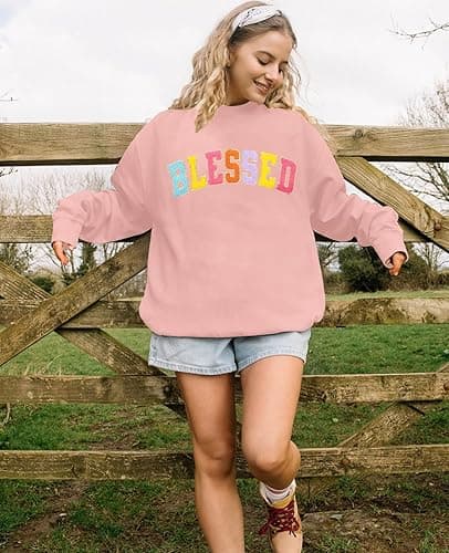 MNLYBABY Oversized Blessed Sweatshirt Women: Christian Shirt Blessed Chenille Pullover Fall Long Sleeve Tops - Pink - Medium thumbnail 3