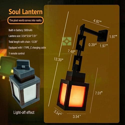 Pixelated Lantern Night Light – 16-Color LED Lamp with Remote Control, Rechargeable Wall or Table Light for Gaming Rooms or Kids’ Bedrooms, Fun Gift for Gamers, Decor for Boys Bedroom 12-15 thumbnail 4