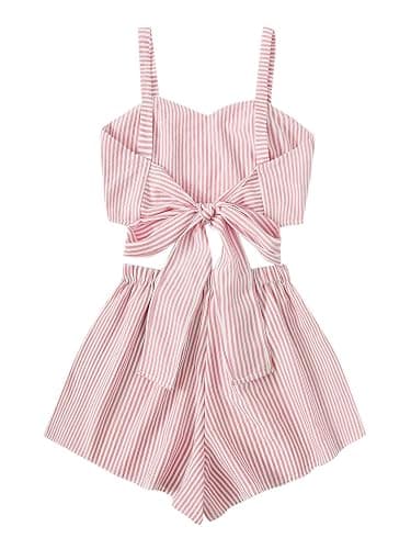 SweatyRocks Women's 2 Piece Outfits Summer Sleeveless Tie Back Crop Cami Top and Shorts Set thumbnail 2