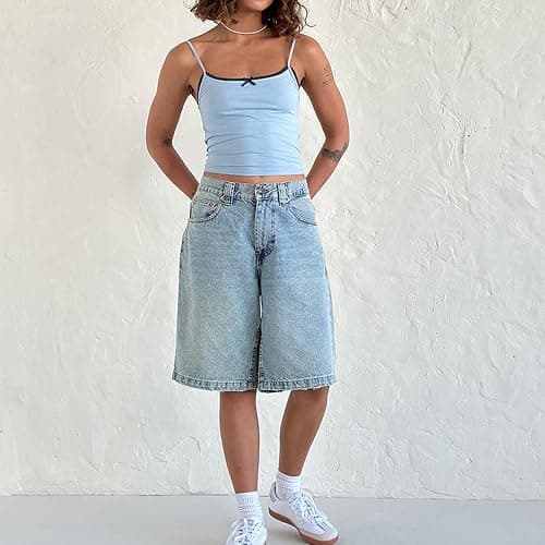 NUFIWI Women Baggy Denim Bermuda Shorts Y2k Vintage Straight Leg Denim Shorts Casual Knee Length Jean Jorts with Pockets thumbnail 5