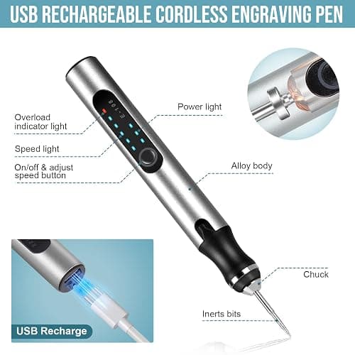 HOTROSE Electric Engraving Pen with 37 Bits, USB Rechargeable Cordless Engraving Machine, Portable DIY Rotary Engraver for Jewelry Wood Glass Stone Carving (Silver) thumbnail 3