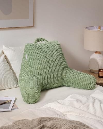 Blissful Diary Reading Pillow, Stylish Bed Pillow with Shredded Memory Foam for Adult Children Backrest, Back Pillow for Bed & Couch Sitting Up with Arms & Pockets & Washable Cover (Sage Green) - Sage Green thumbnail 6
