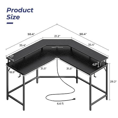 Huuger L Shaped Gaming Desk with Power Outlets & LED Lights, Computer Desk with Monitor Shelves, Home Office Desk, Corner Gaming Desk with Hooks, Black thumbnail 3