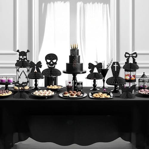 Cheerupp 8 Pcs Gothic Black Bow Glitter Honeycomb Centerpieces Decorations, Black Table Toppers Decor, Skull Skeleton 3D Table Signs for Bachelorette Birthday Party Supplies thumbnail 4