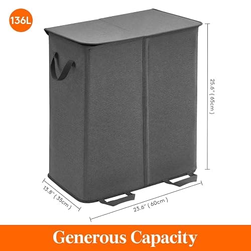 Lifewit Double Laundry Hamper with Lid and Removable Laundry Bags, Large Collapsible 2 Dividers Dirty Clothes Basket with Handles for Bedroom, Laundry Room, Closet, Bathroom, College, 136L Black thumbnail 3