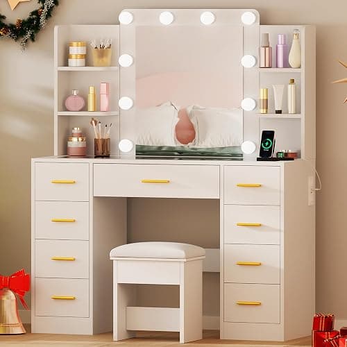 BEWISHOME Large Vanity Desk with Mirror and Lights,Glass Top,9 Drawers | White Makeup Vanity Table with 4 Storage Shelves,Dressing Table with Power Outlet,Vanity Stool for Women,Girls,Bedroom FST39 thumbnail 9