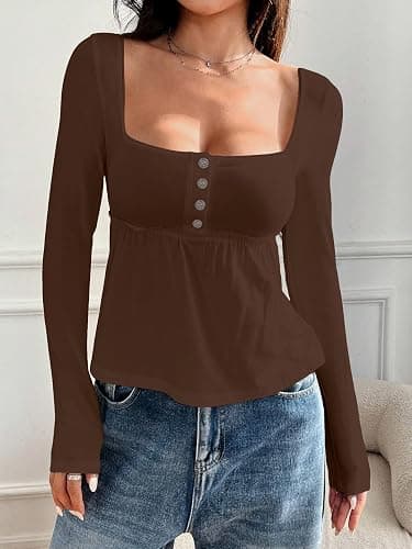 AKLOPVII Women Cute Picot Trim Peplum Crop Babydoll Tops Y2k Front Button Down Square Neck Long Sleeve Cropped T Shirts thumbnail 2