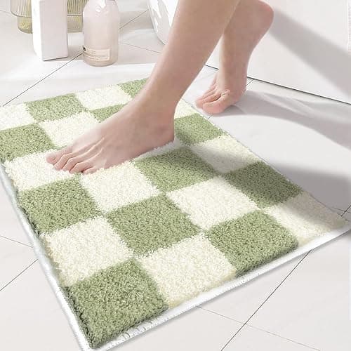 Tititex Luxury Sage Green Beige Checkered Grid Bathroom Rug, 16"x24" Classic Checkerboard Extra Soft and Absorbent Microfiber Bath Rugs, Non-Slip Plush Shaggy Bath Carpet for Bathroom Floor thumbnail 4