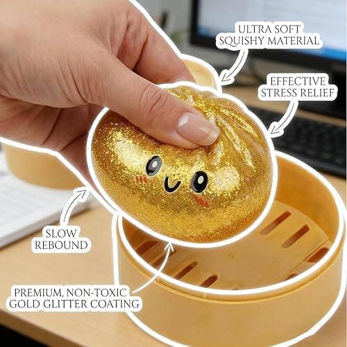 Glitter Dumpling Squishy, Dumpling Squishy Mystery Box, Soft Squeeze Dough Ball for Stress Relief, Easter Basket Stuffers, Stretchy Bun with Mini Food Steamer Desk Fidget Toy for Adults (White) thumbnail 3