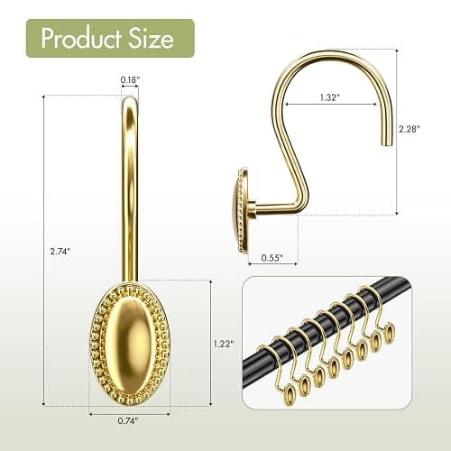 AmazerBath Gold Shower Curtain Hooks, 12PCS Rust Proof Shower Curtain Rings, Decorative Modern Shower Curtain Hangers, Elliptical Heavy Duty Design Convenient for Bathroom Kitchen Wardrobe thumbnail 2