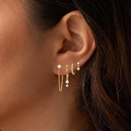 Gold Earrings for Women, 14k Gold Plated Dangle Huggie Earrings for Women Trendy Dainty Gold Hoop Earring Stacks Hypoallergenic Pearl Chain Drop Cartilage Earring Fashion Womens Jewelry thumbnail 2