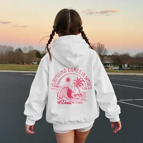 KIEKIECOO Girls Palm Graphic Hoodie Beach Cute Hoodies With Pocket Kids Preppy Sweatshirt Ocean Pullover Long Sleeve Top thumbnail 2
