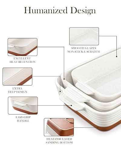 MALACASA Casserole Dishes for Oven, Ceramic Baking Dishes Set of 3, Baking Pan Casserole Dish Set, Rectangular Lasagna Pan Deep with Handles for Baking, Khaki White (14.5''/13''/10.5''), Series TARA thumbnail 5