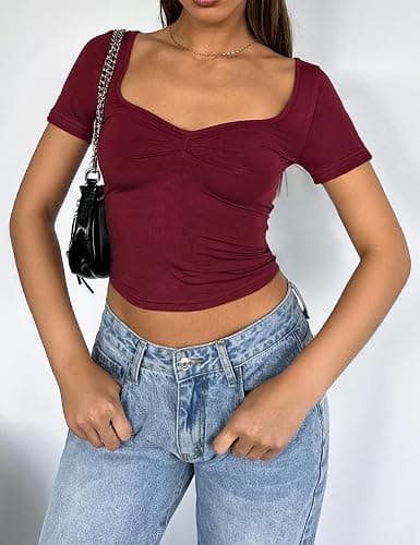 TiulZial Women's Short Sleeve Going Out Crop Top Sexy Pleated Cute Shirt Sweetheart Neck Y2K Ruched Cropped Tops thumbnail 3