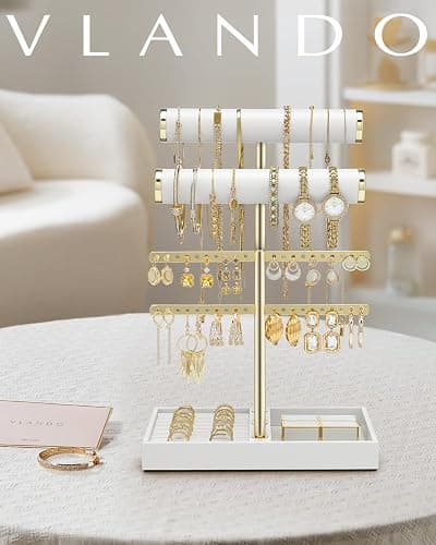 Vlando 3 Tier Necklace Holder Organizer with Tray, Leather Bracelet Holder Display for Women, Gold Jewelry Stand for Bracelet, Necklace, Earrings, Rings - White thumbnail 7