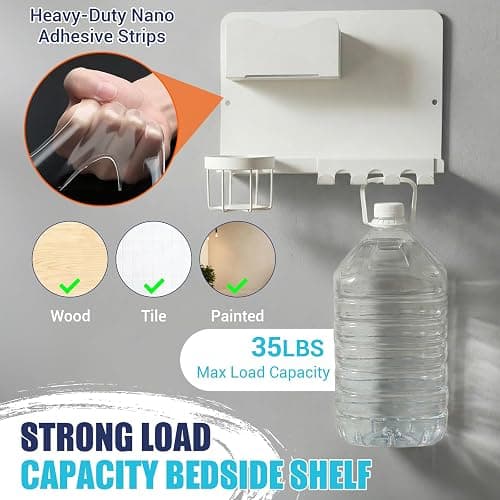 Metal Bedside Wall Shelf, Bedside Floating Shelf Wall Organizer with Detachable Cup Holder, No Drill Wall Mount for Bedroom, Dorm Room Decor, Nightstand Alternative, Bunk Bed Accessories, RV Storage thumbnail 3