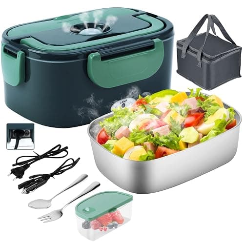 Gentre Lunch Box Elettrico Portatile Scaldavivande per Auto Camion e Ufficio 4 in 1 12V/24V/220V~240V 1.5L 60W Porta Pranzo in Acciaio Inox, Scomparti, Forchetta Cucchiaio e Borsa Per il Trasporto - Image 1