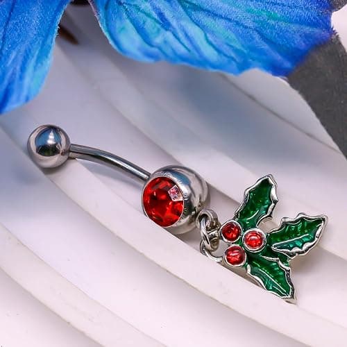 FLOGWE 316L 2 PCS Christmas Dangle Mistletoe Belly Button Rings 14G Stainless Steel Jingling Bell Navel Rings for Women Belly Piercing Jewelry thumbnail 6