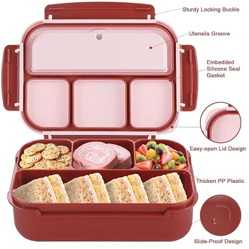 shell and turtle Bento Box Adult Lunch Box, Lunch Containers for Kids Girls Boys with 4 Compartments, Lunchable Food Container with Utensils, Sauce Jar, Muffin Liners, 40 Oz/5 Cup, Retro Red thumbnail 4