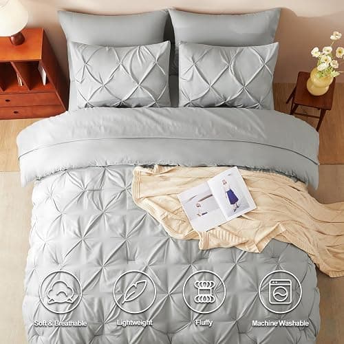CozyLux Full Size Comforter Sets Light Grey, 7 Pieces Pintuck Bed in A Bag Gray Comforter Full Size, Pinch Pleat Bedding Sets with All Season Comforter, Sheets, Pillowcases & Shams thumbnail 2
