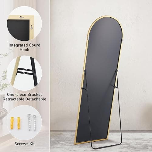 Sweetcrispy Arched Full Length Mirror 64"x21" Full Body Mirror Floor Mirror Standing Hanging or Leaning Wall, Large Arch Wall Mirror with Stand Aluminum Alloy Thin Frame for Bedroom Cloakroom,Gold thumbnail 6