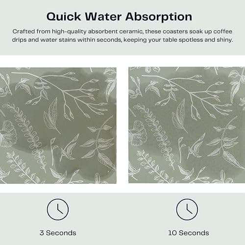 Hoomey Set of 6 Floral Sage Green Coasters with Holder, Absorbent Ceramic Drink Coasters with Cork Backing for Table Protection, Coffee Table Décor thumbnail 3