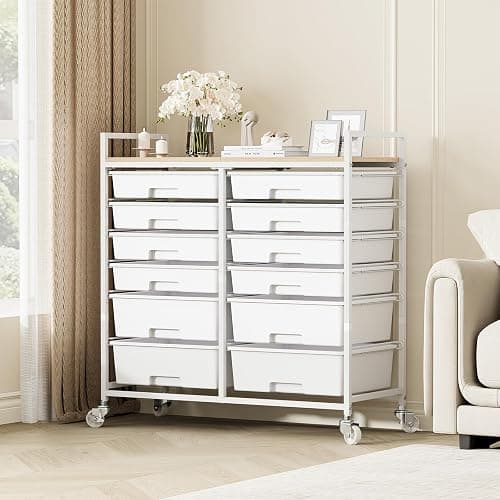 Rolling Storage Cart with 12 Drawers, Wooden Tabletop Utility Cart for Craft Storage, Art Supply Storage & Home Office Organization, Teacher Cart with Wheels for Classroom, School (White) thumbnail 9