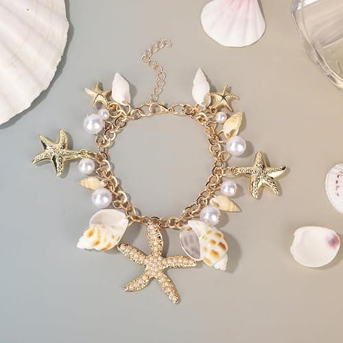 Mikovivi Gold-Tone Shell Starfish Bracelet, Women Summer Beach Bracelet Pearl Sea-Themed Ocean Charm Seashell Jewelry for Beach Vacation & Pool Party thumbnail 3