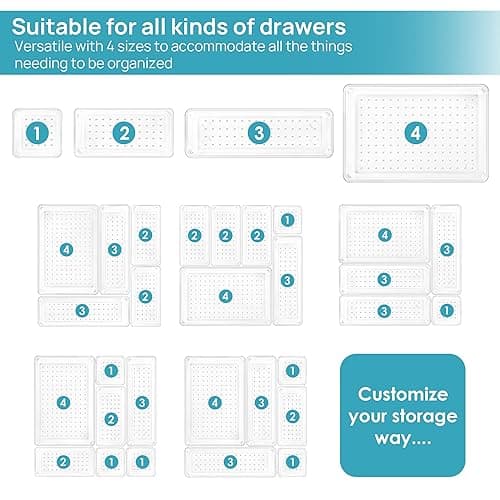 Vtopmart 25 PCS Clear Plastic Drawer Organizers Set, 4-Size Versatile Bathroom and Vanity Drawer Organizer Trays, Storage Bins for Makeup, Bedroom, Kitchen Gadgets Utensils and Office thumbnail 8