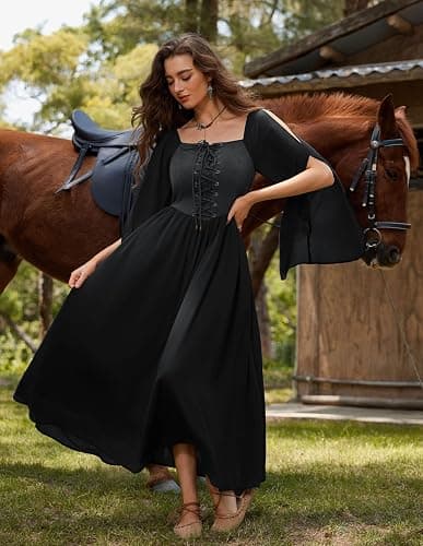 Scarlet Darkness Renaissance Costume Women Pirate Dresses Split Bell Sleeve Medieval Ren Faire Dress with Pockets thumbnail 7