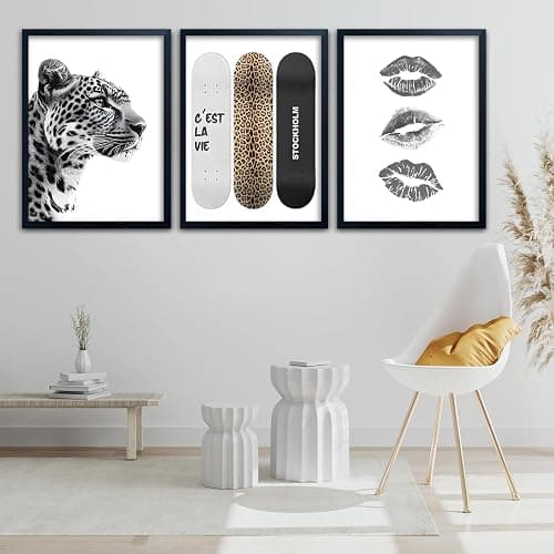 Framed Stockholm Style Canvas Wall Art Set of 3 Black and White Fashion Leopard Print Lips, Preppy Room Aesthetic Cheetah Wall Decor for Girls Bedroom Apartment or Dorm12x16 Inch Black Wood Frame thumbnail 2