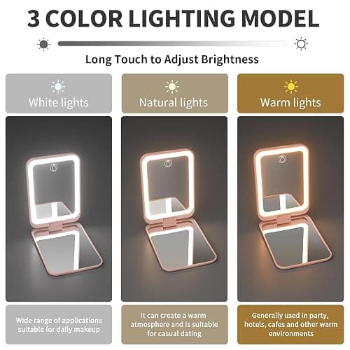 Kintion 1X/3X Pocket Mirror, 3 Color Lighting LED Compact Mirror (Pink) | Rechargeable Dimmable Travel Mirror for Purse, Portable, Folding, Handheld, Small Lighted Mirror for Women Gift thumbnail 6