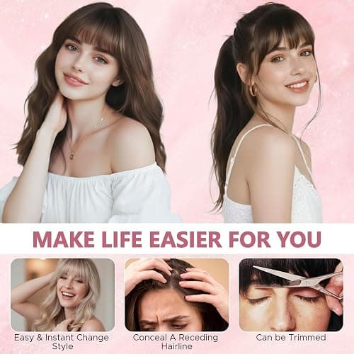 Benehair Clip in Fringe Natural Fringe Clip in Hair Curved Air Hair Bangs with Temples Synthetic Light Brown Hairpieces for Women Girls Daily Wear(Light Brown, 30g) thumbnail 5
