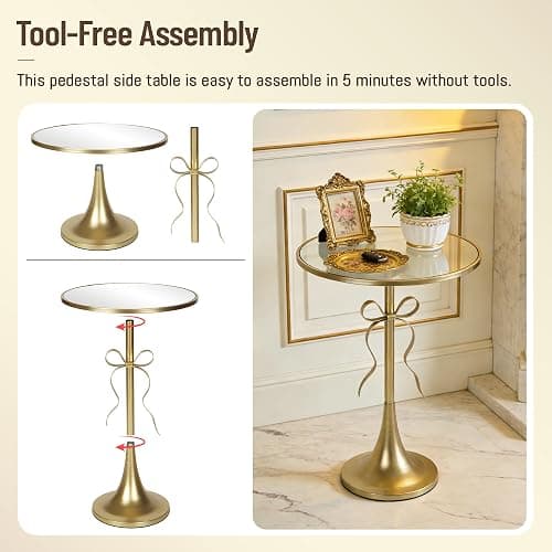 Aoligrace Gold Metal Side Table, Retro Bow Pedestal End Table with Mirror Tabletop, Decorative Martini Drink Table for Small Space, Living Room, Couch, Patio thumbnail 7