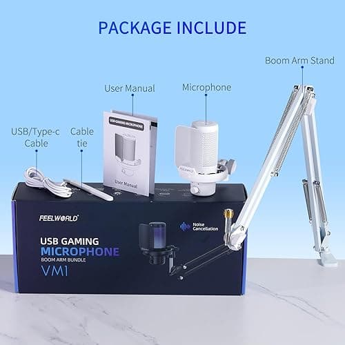 FEELWORLD VM1 White Gaming PC USB Microphone Condenser Mic with Noise Cancellation Mute RGB Light, Computer Accessories Gifts for Gamer YouTube Twitch Podcast Streaming Recording Online Chat PS4 PS5 - White thumbnail 7