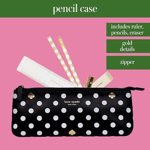 kate spade new york Pen and Pencil Case with Office Supplies, Zip Pouch Includes 2 Pencils, Sharpener, Eraser, and Ruler, Polka Dots (black/white) thumbnail 2