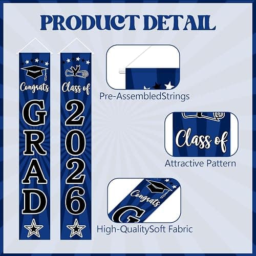 Class of 2026 Graduation Porch Banner - Congrats Grad Class of 2026 Banner, Graduation Porch Door Sign, Congrats Grad Class of 2026 Indoor Outdoor Decorations（Blue & Black） thumbnail 4