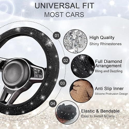 NBTEPEM 12 Pcs Bling Car Accessories Set for Women Car Floor Mats Full Set Steering Wheel Cover Seat Belt Covers Coasters Universal Fit Car SUV Truck Van Black thumbnail 2